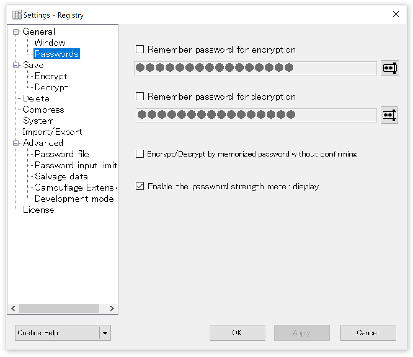 Passwords option panel